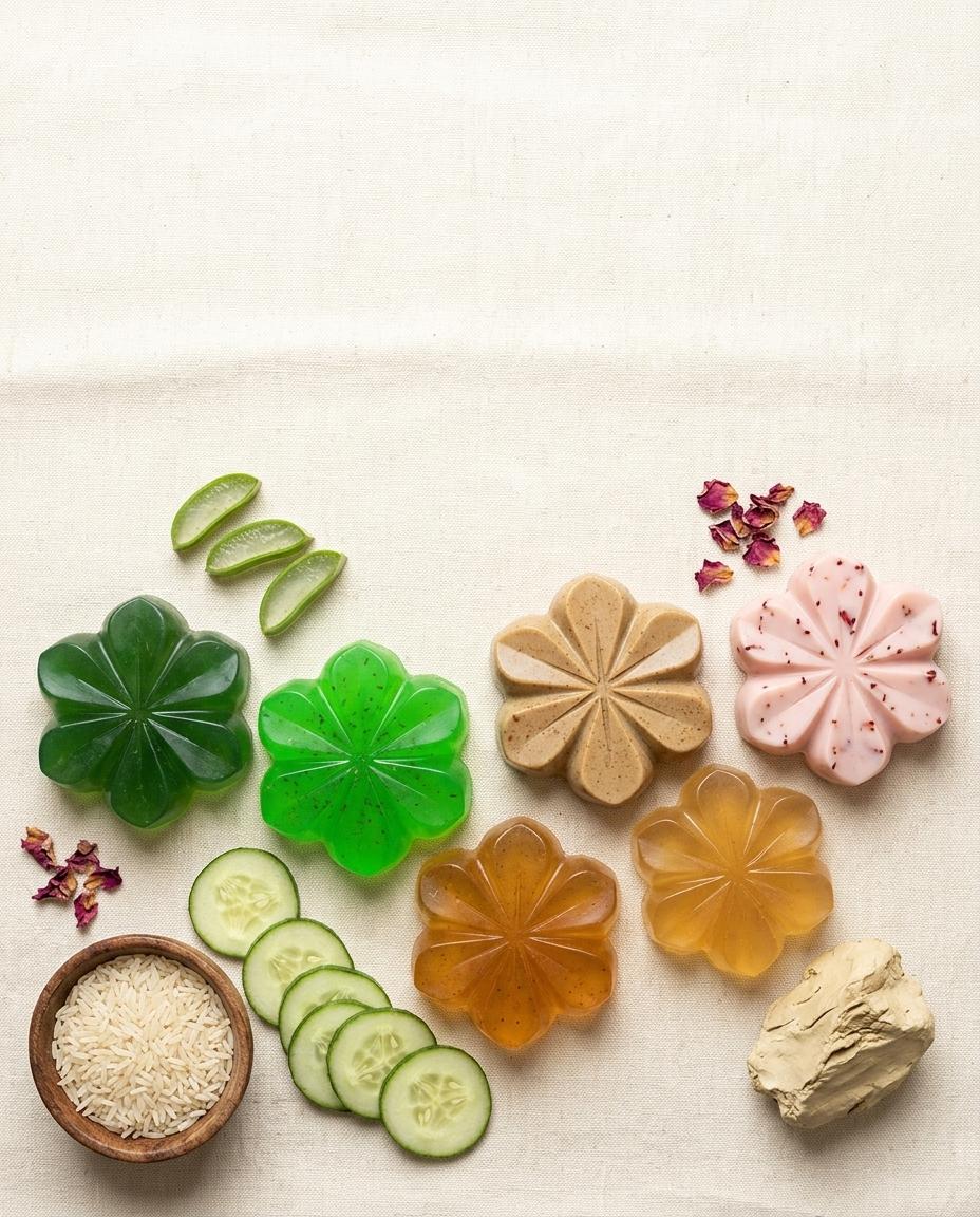 Nature Drop handmade flower soaps with aloe vera, cucumber, rose petals, rice and multani mitti