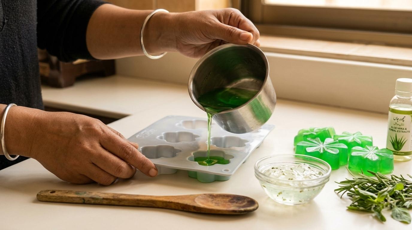 Pouring handmade green soap into a flower mould at home